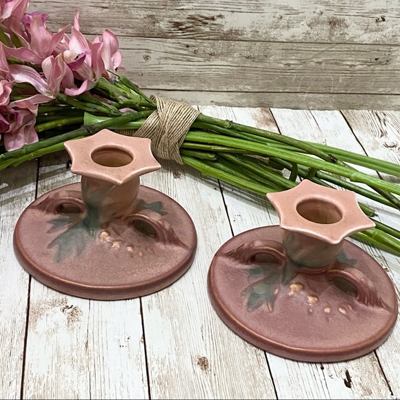 Roseville USA Pottery Pink Bleeding Heart 1140 Candle Holders